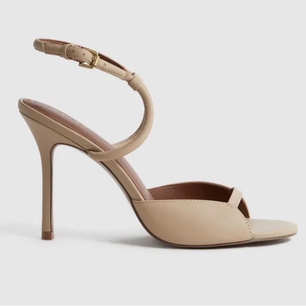 New! Reiss Harper Leather Strappy Heels Ankle Sandals in Biscuit Nude